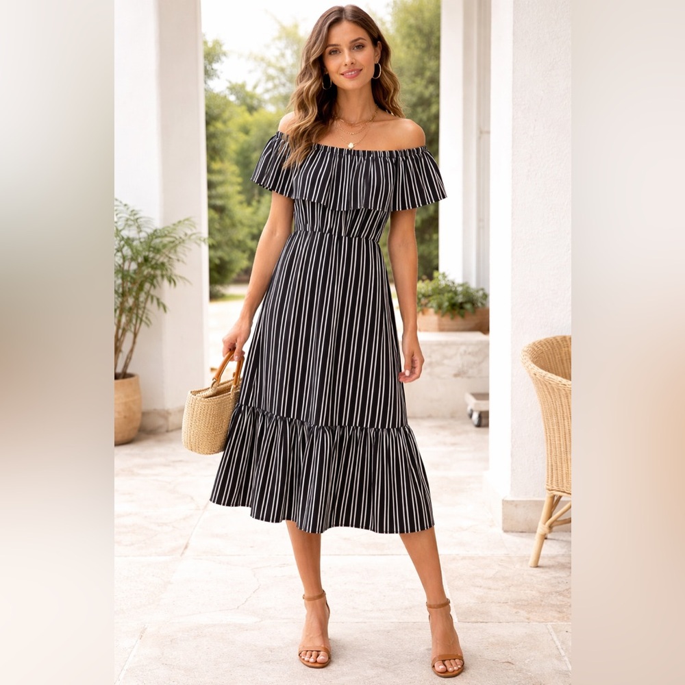 2 for $20✨Como Vintage Striped Off-Shoulder Midi Dress | Size Small